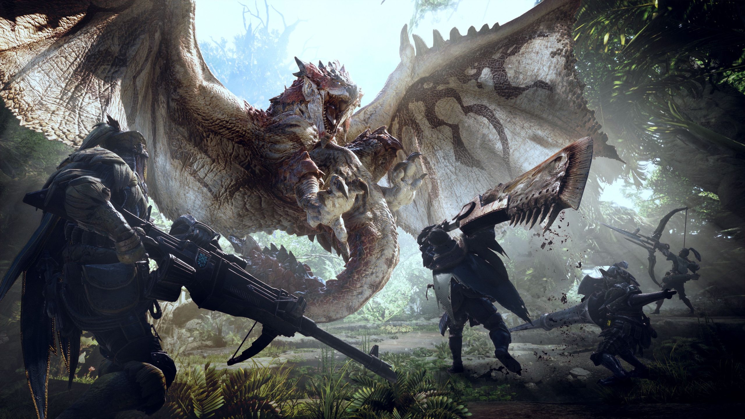 Kadr z gry Monster Hunter World przedstawiający walkę ze smokiem