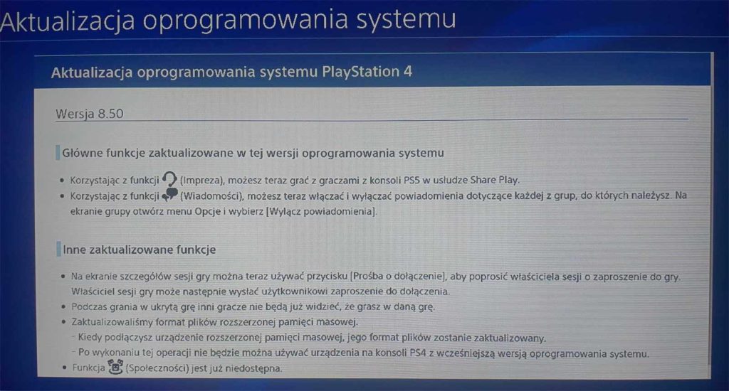 Aktualizacja PS4 8.50