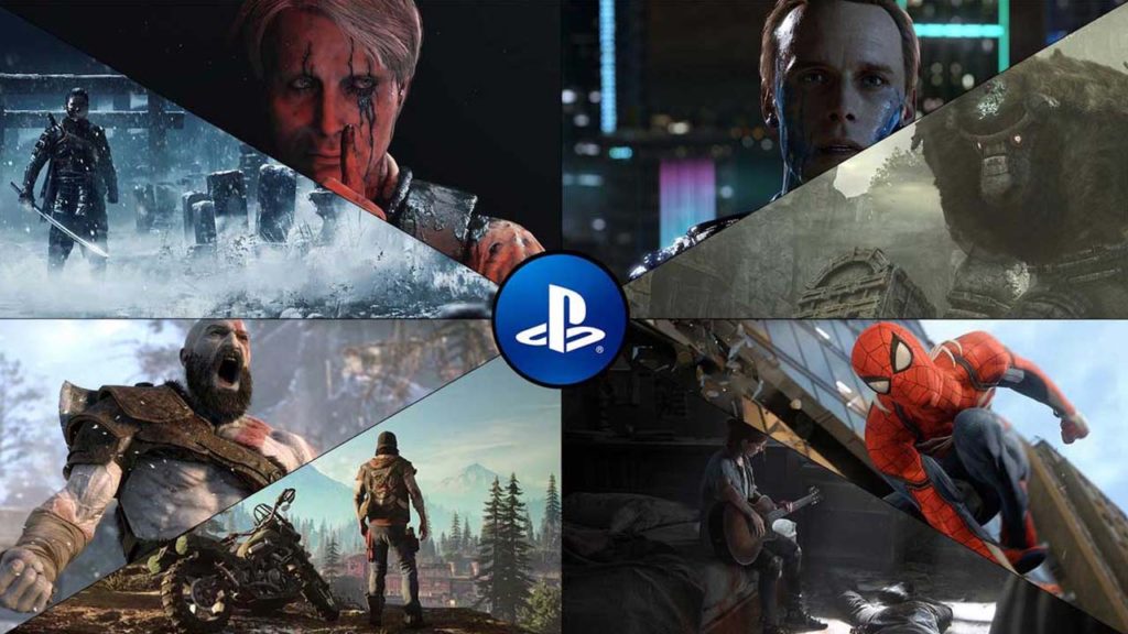Kolaż grafik z gier na PlayStation. Spider-Man, God of War, Days Gone, Death Stranding, Detroit - Bedome Human, Shadow of the Collossus, TLoU 2, Ghost of Tsushima