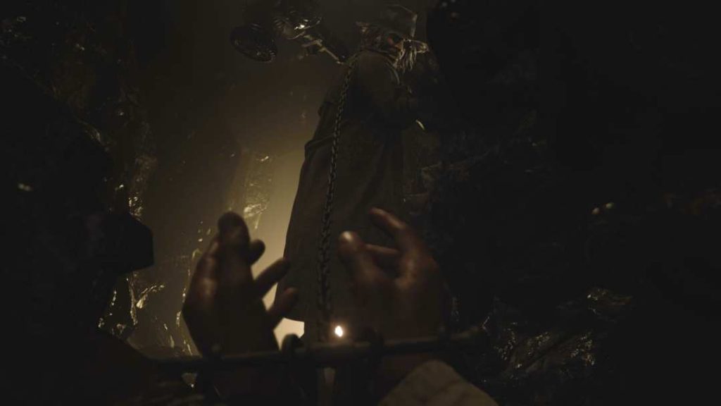 Skuty gracz ciągnięty przez postać z Resident Evil Village