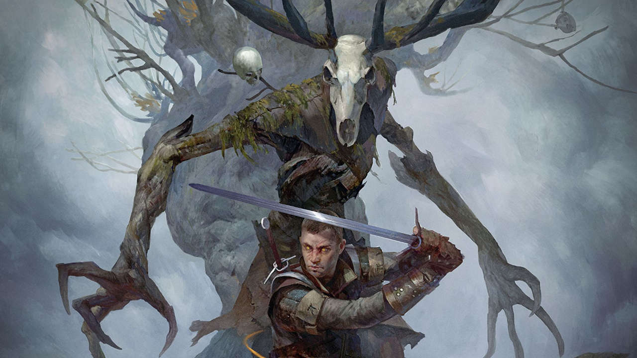 Wiedźmin: Stary Świat - fragment okładki przedstawiający Wiedźmina z mieczem i Leszego w tle