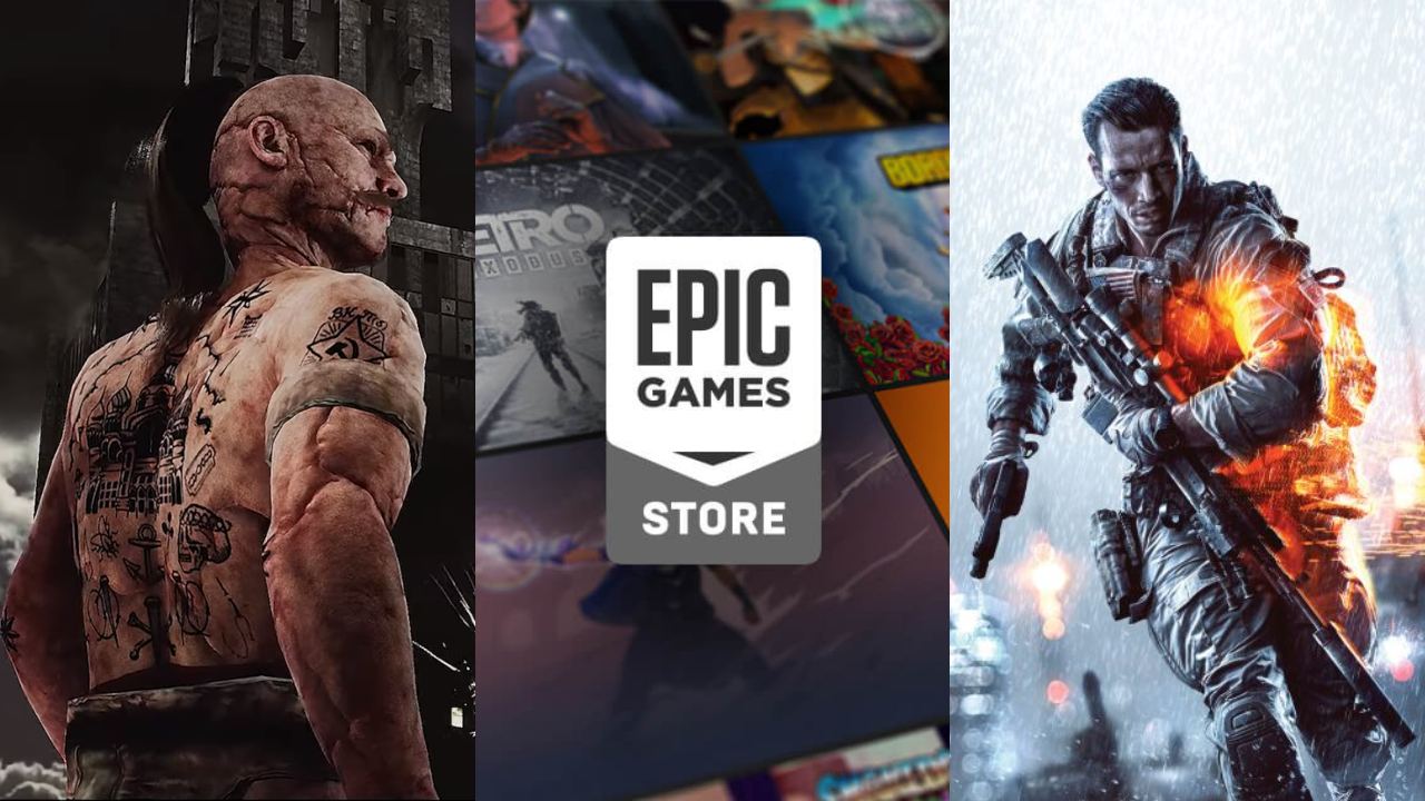 growe podsumowanie dnia - łysy mężczyzna z tatuażami z gry Pioner, logo epic games store i żołnierz z battlefield