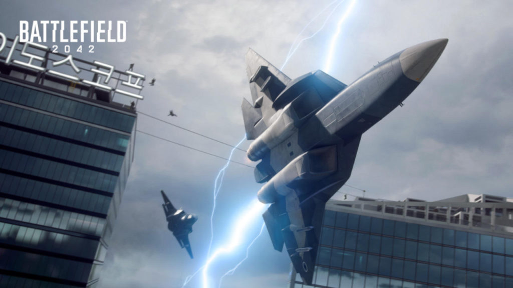 Battlefield 2042 - dwa odrzutowce na tle budynków azjatyckiego miasta i burzy