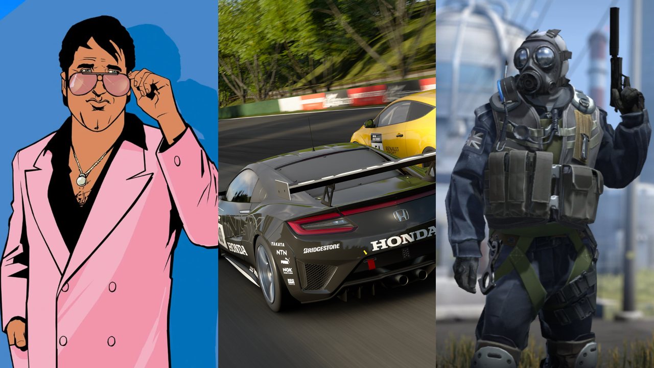 Bohater z GTA Vice City - dwa samochody ścigające się po torze wyścigowym i antyterrorysta z csgo