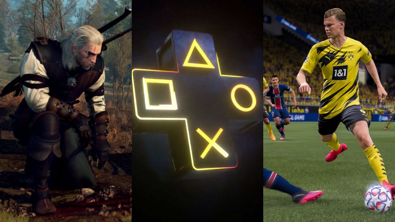 DoGRYwka - Geralt klęczy nad tropem swojej wiary, logo PS Plus i piłkarz z gry FIFA