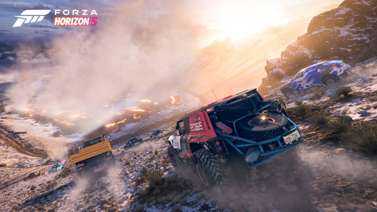 Forza Horizon 5 wyścig samochodów po pustyni na tle lawy