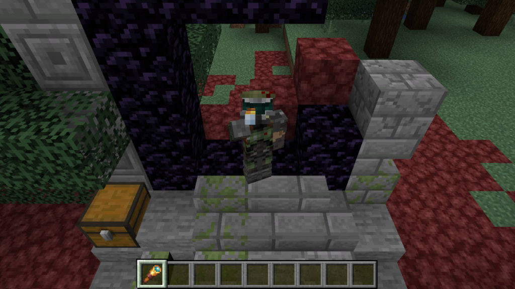 Miedź w Minecraft - Postać ze skinem Doomguya patrzy przez lunetę w trybie F5