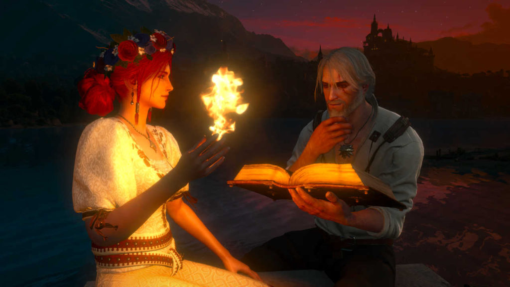 Wiedźmin 3 - Triss pokazuje magiczną sztuczkę z kulą ognia Geraltowi
