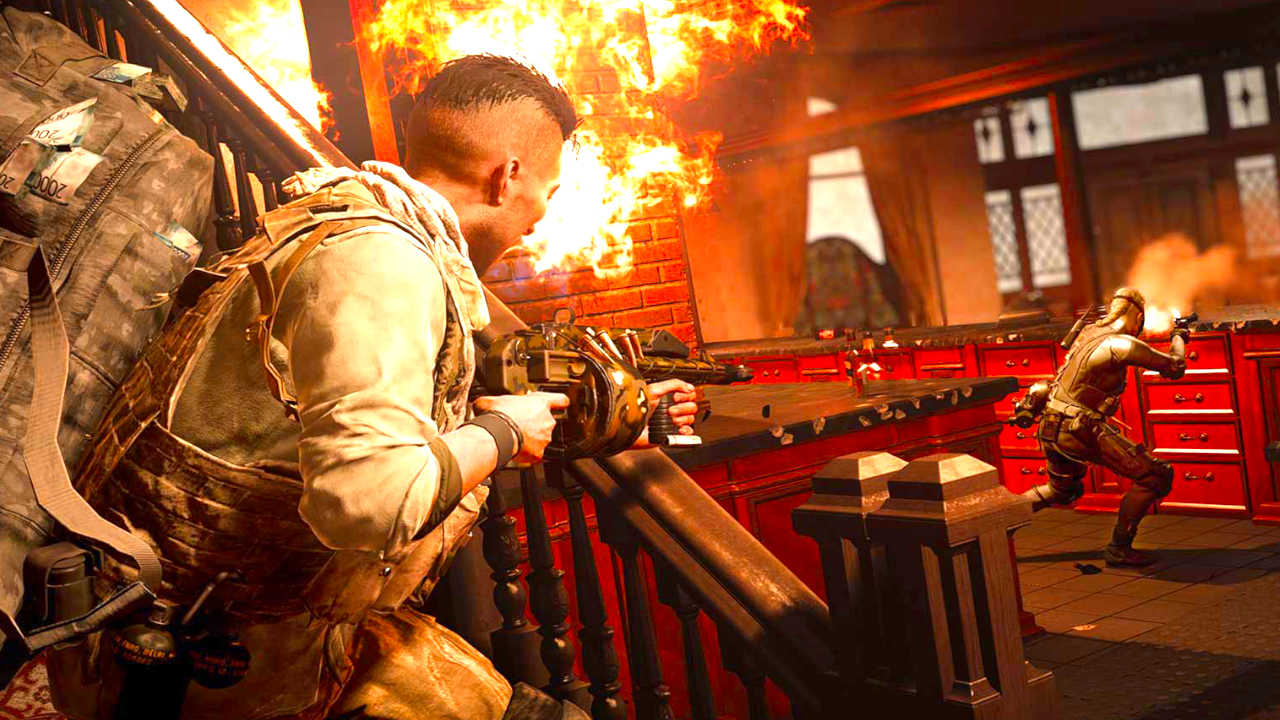 Call of Duty Warzone - strzelanina w budynku - dwójka graczy walczy w płomieniach