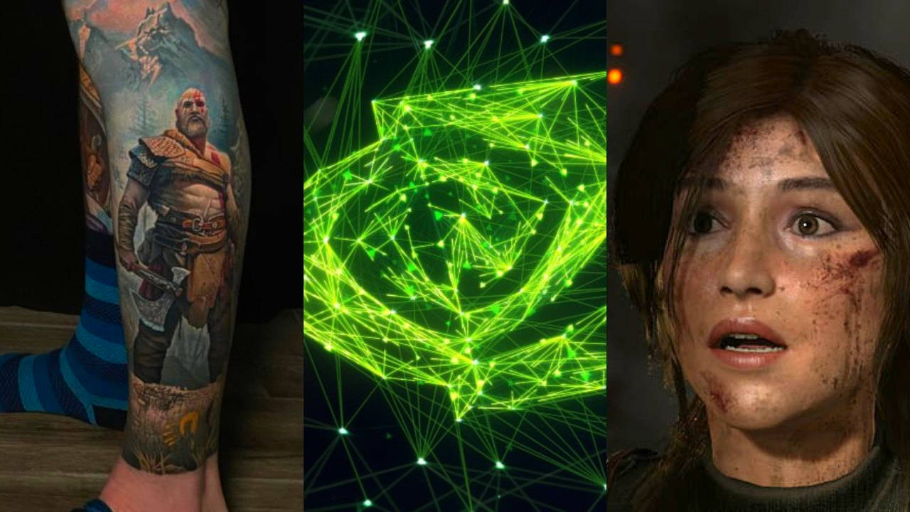 DoGRYwka - tatuaż God of War, logo nvidia, zdziwiona Lara Croft