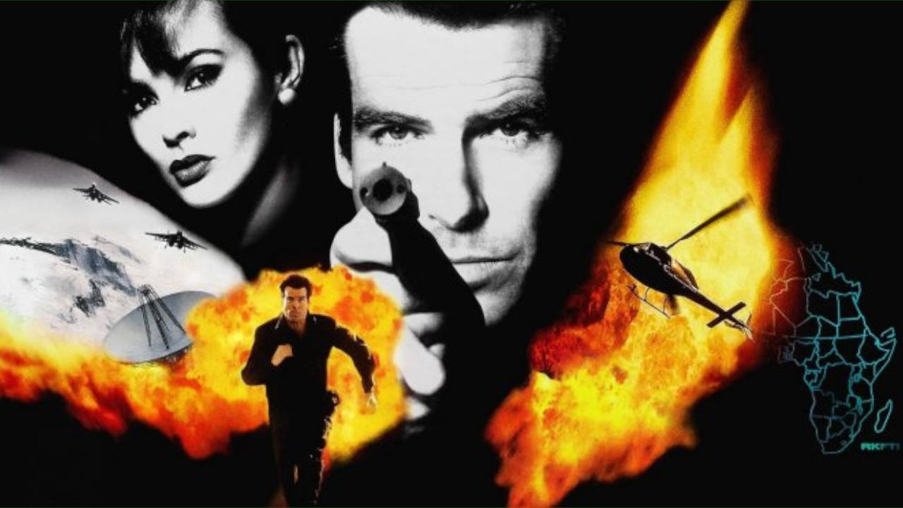Golden Eye 007 - grafika z okładki gry z bohaterami, wybuchami i pojazdami lotniczymi