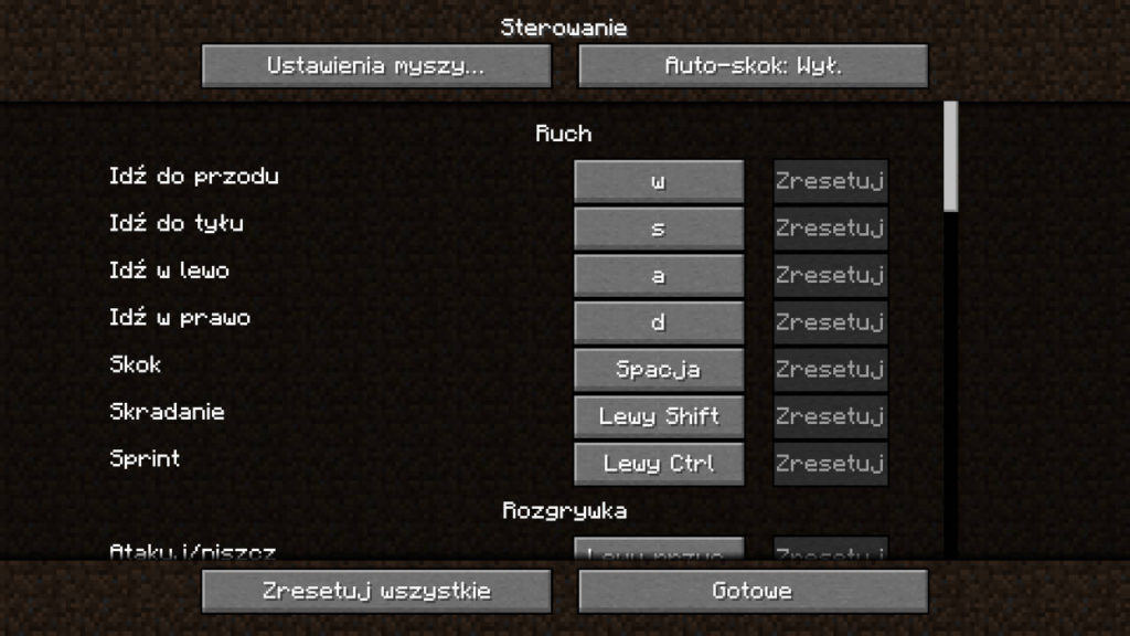 Minecrtaft - ustawienia sterowania