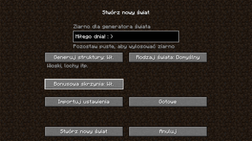 Tworzenie świata w Minecraft - dodatkowe ustawienia