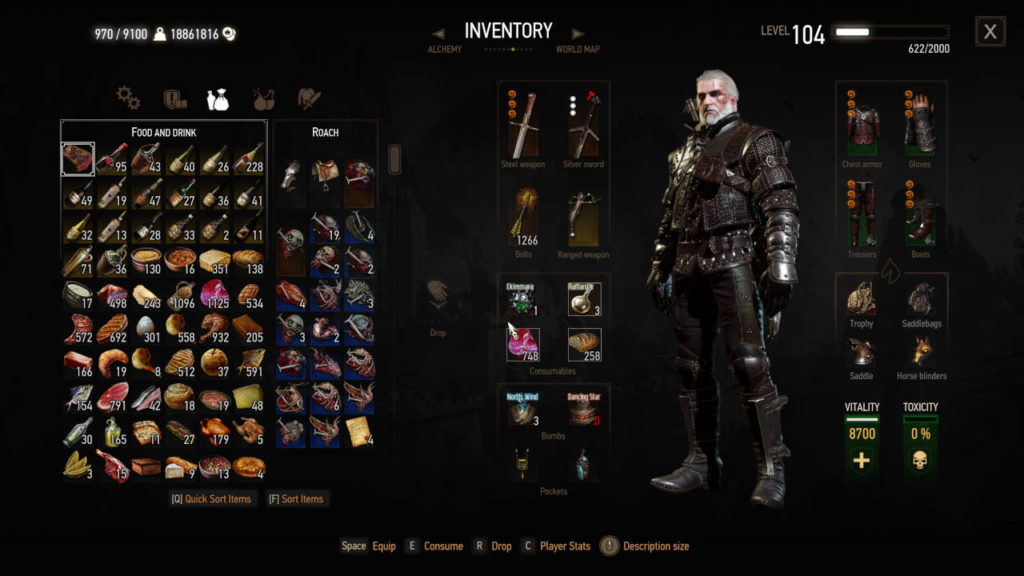 Wiedźmin 3 - kadr z wypełnionego ekwipunku, gdzie jest więcej przedmiotów niż uniesie nawet Steve z Minecrafta