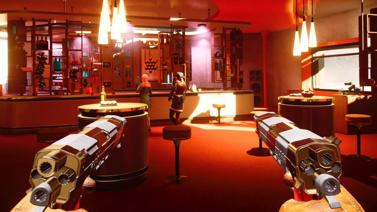 Deathloop - gracz podchodzi ukradkiem zza plecy przeciwników w barze. Mierzy do nich z dwóch pistoletów