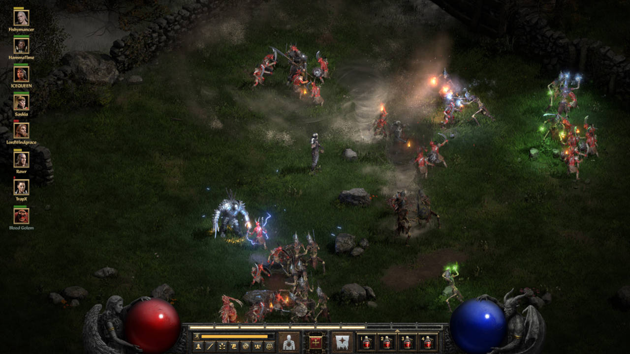Diablo 2 Resurrected - kadr z gry, gdy bohater walczy z przeciwnikami