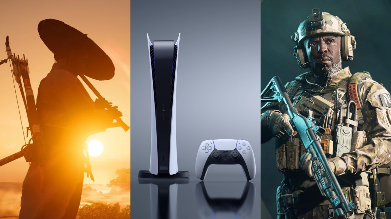 DoGRYwka - samuraj z Ghost of Tsushima Director's Cut gra na flecie, konsola PS5 z kontrolerem, żołnierz z Battlefield 2042