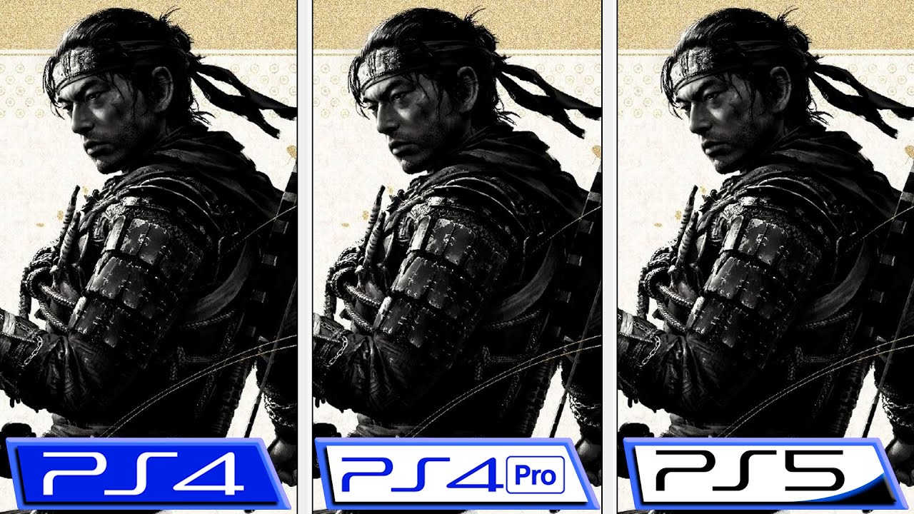 Ghost of Tsushima Director's Cut - porównanie PlayStation - 3 okładki obok siebie i podpisy konsol PS4, PS4 Pro oraz PS5