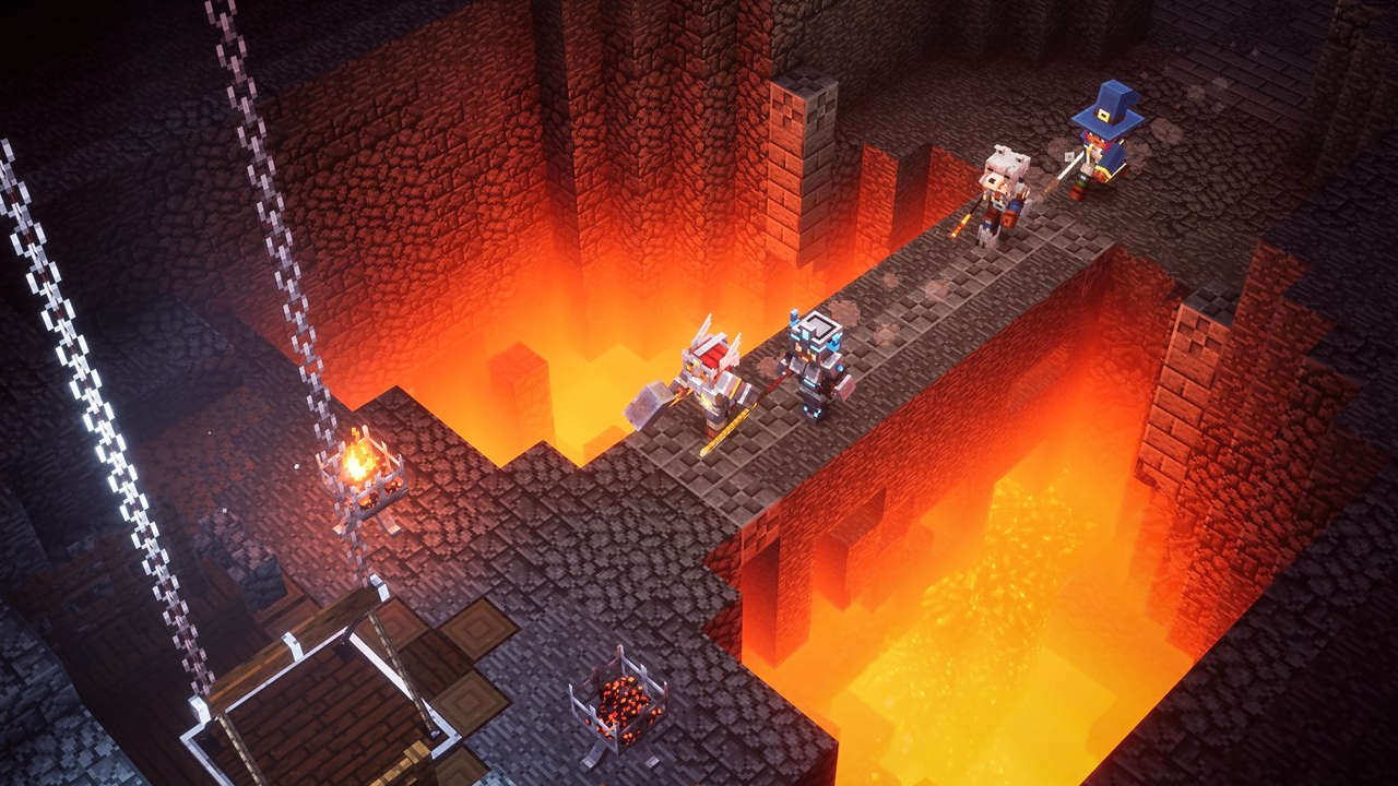 Minecraft Dungeons - darmowy tydzień - nintendo switch online - bohaterowie idą przez most nad jeziorem lawy