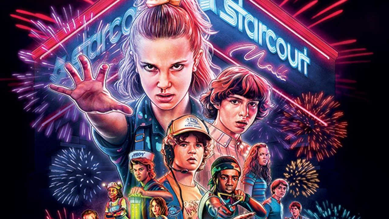 Netflix - Stranger Things plakat trzeciego sezonu - bohaterowie serialu w neonowych kolorach