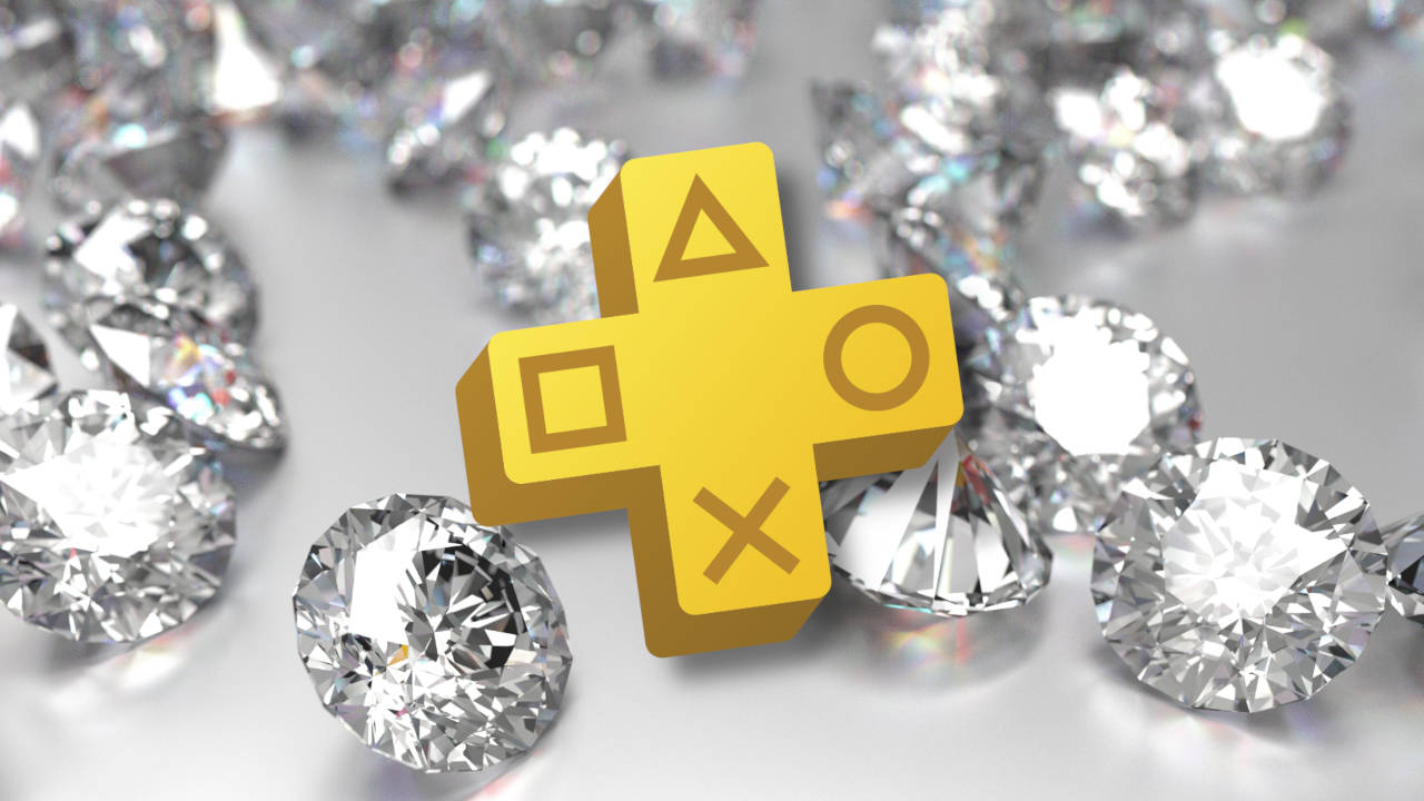 logo PS Plus na tle wielu diamentów