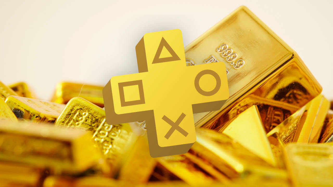 Logo PS Plus na tle sztabek złota