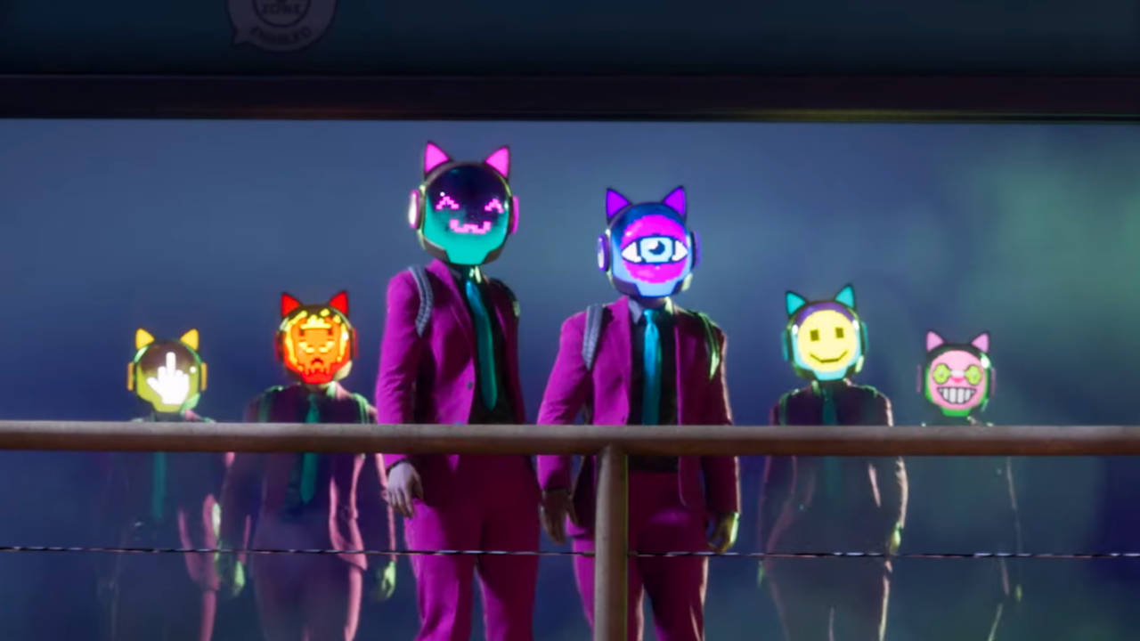 Saints Row - szóstka osób w garniturach z cybernetycznymi hełmami na głowach