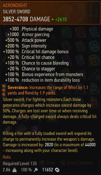 Wiedźmin 3 Dziki Gon - statystyki miecza Aerondight po zainstalowaniu modyfikacji