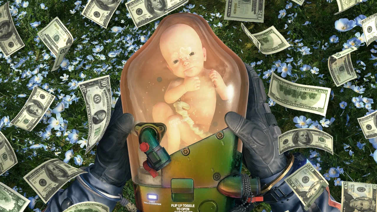 Gry wideo - Death Stranding - bobas z gry trzymany w kapsule w rękach głównego bohatera, wokół deszcz banknotów