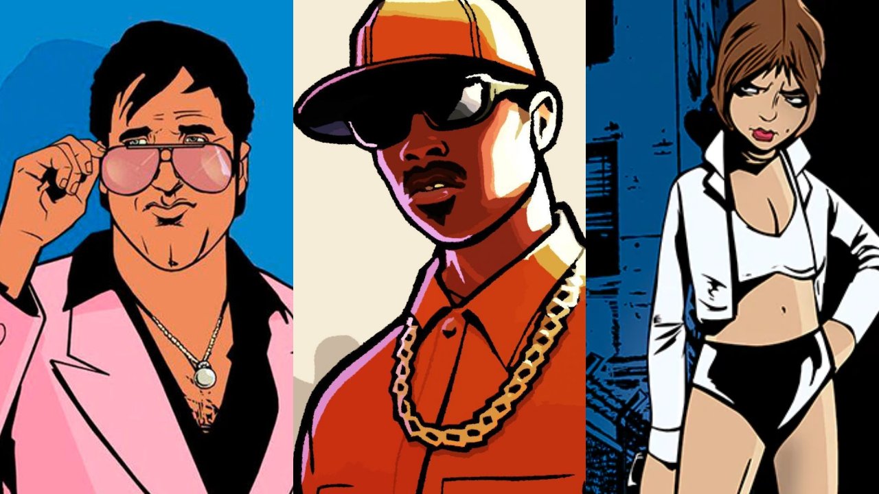 GTA Trilogy The Definitive Edition - postacie z oryginalnej trylogii gry obok siebie