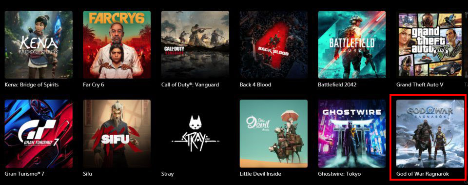 Strona PlayStation z God of War Ragnarok i innymi grami