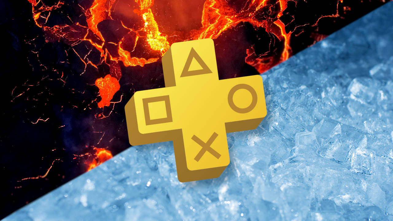 PS Plus październik 2021 - logo ps plus na tle lawy i kostek lodu