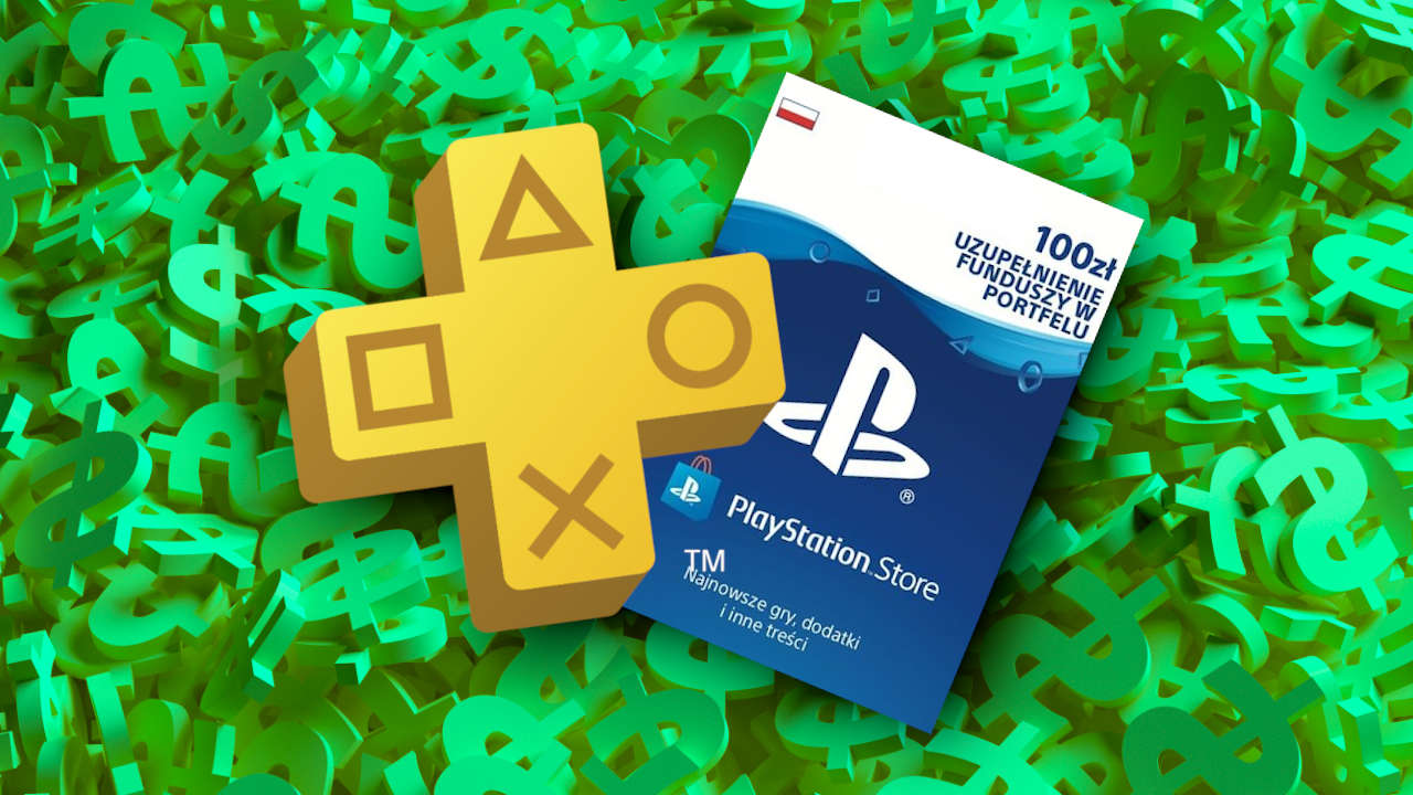 Doładowanie PSN i logo PS Plus na tle zielonych dolarów