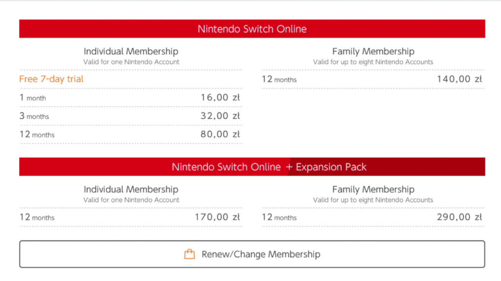 Nintendo Switch Online - cennik oferty - PG