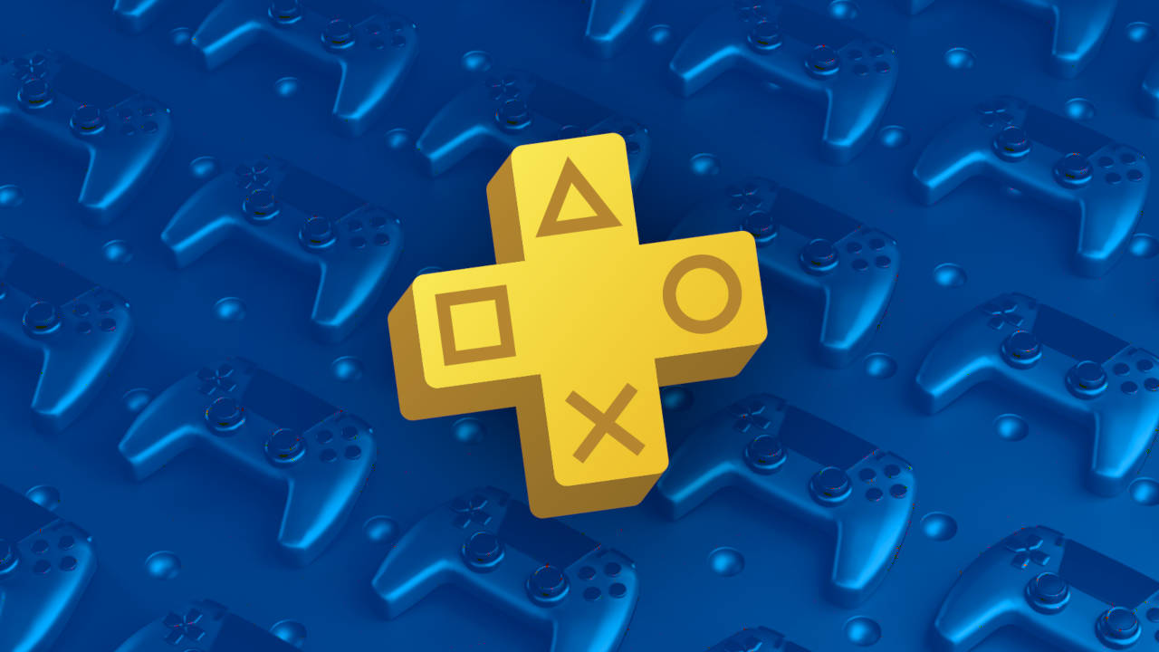 Logo PS Plus na tle kontrolerów