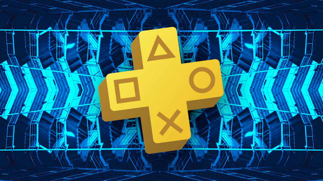 Logo PS Plus na tle niebieskiego fraktalu