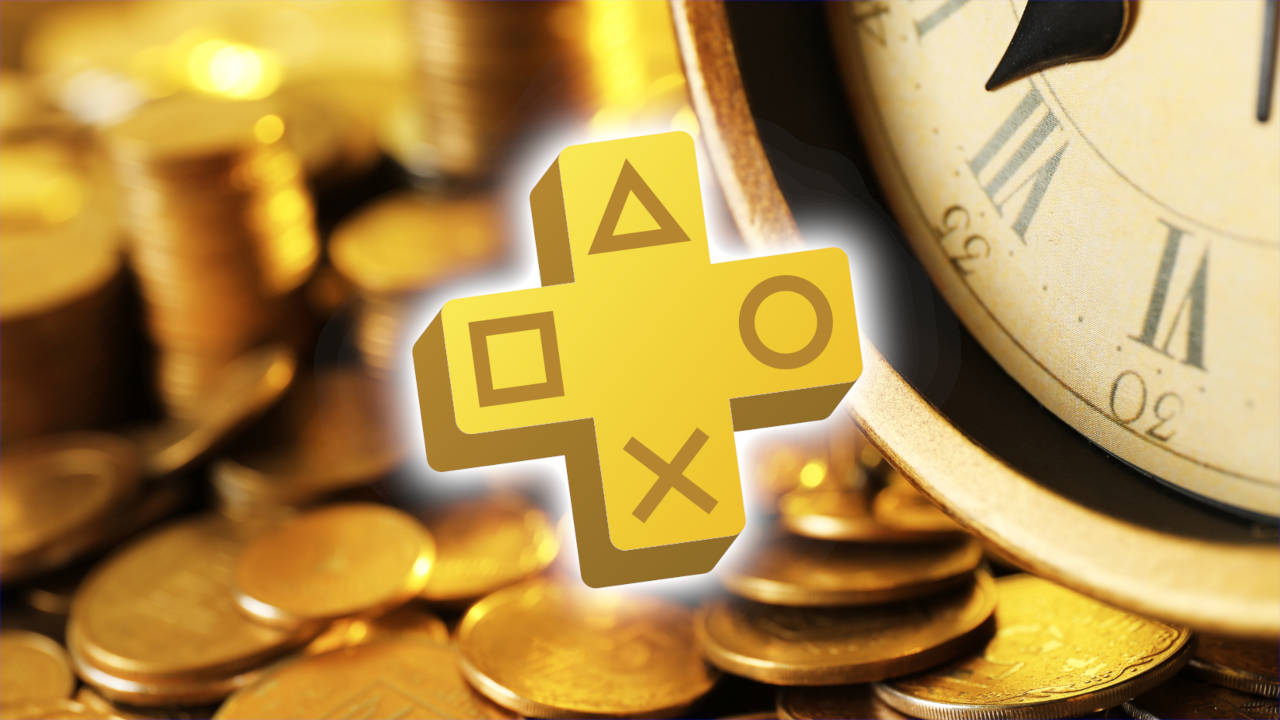 Logo PS Plus na tle złotych monet i zegara
