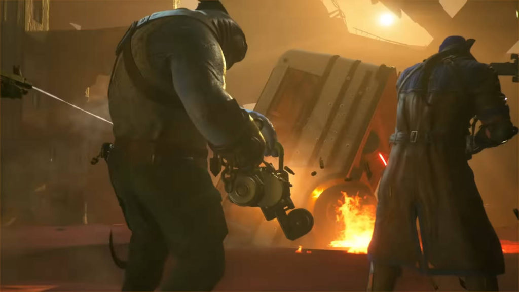 Drużyna strzela z broni palnej, stoją tyłem do kamery The Suicide Squad: Kill the Justice League