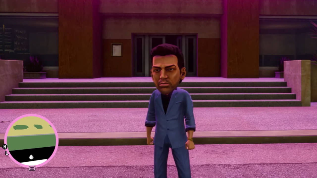 GTA The Trilogy The Definitive Edition - ogromna głowa po wpisaniu Konami Code