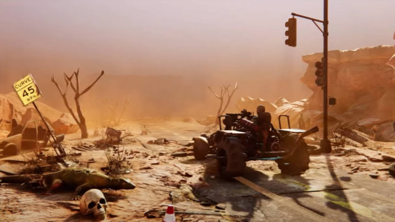 Post-Apo Builder - samochód jedzie opustoszałą drogą pustyni