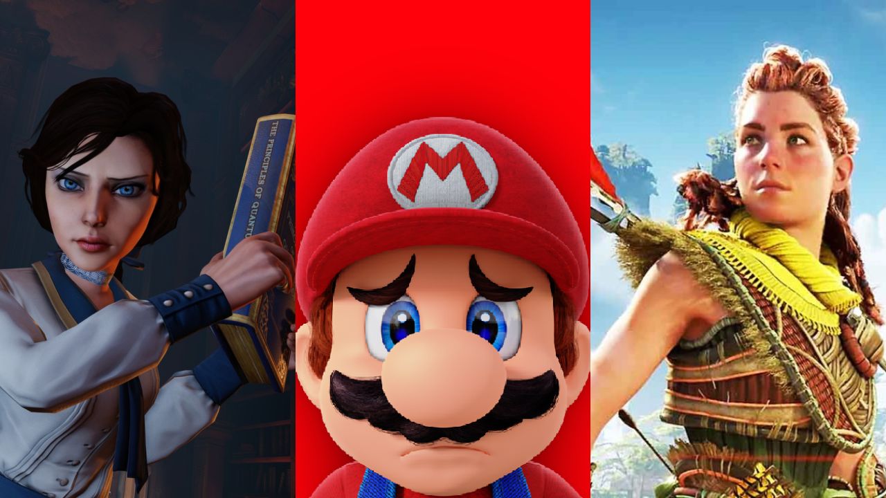 Elizabeth z książką z BioShock Infinite, smutny Mario (Nintendo), Aloy z Horizon Forbidden West