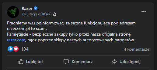 RAZER - ostrzeżenie - Facebook