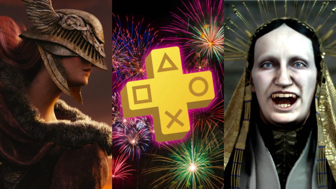 Postać z Elden Ring w hełmie, logo PS Plus, uśmiechnięty człowiek z Forspoken w dziwnej czapce