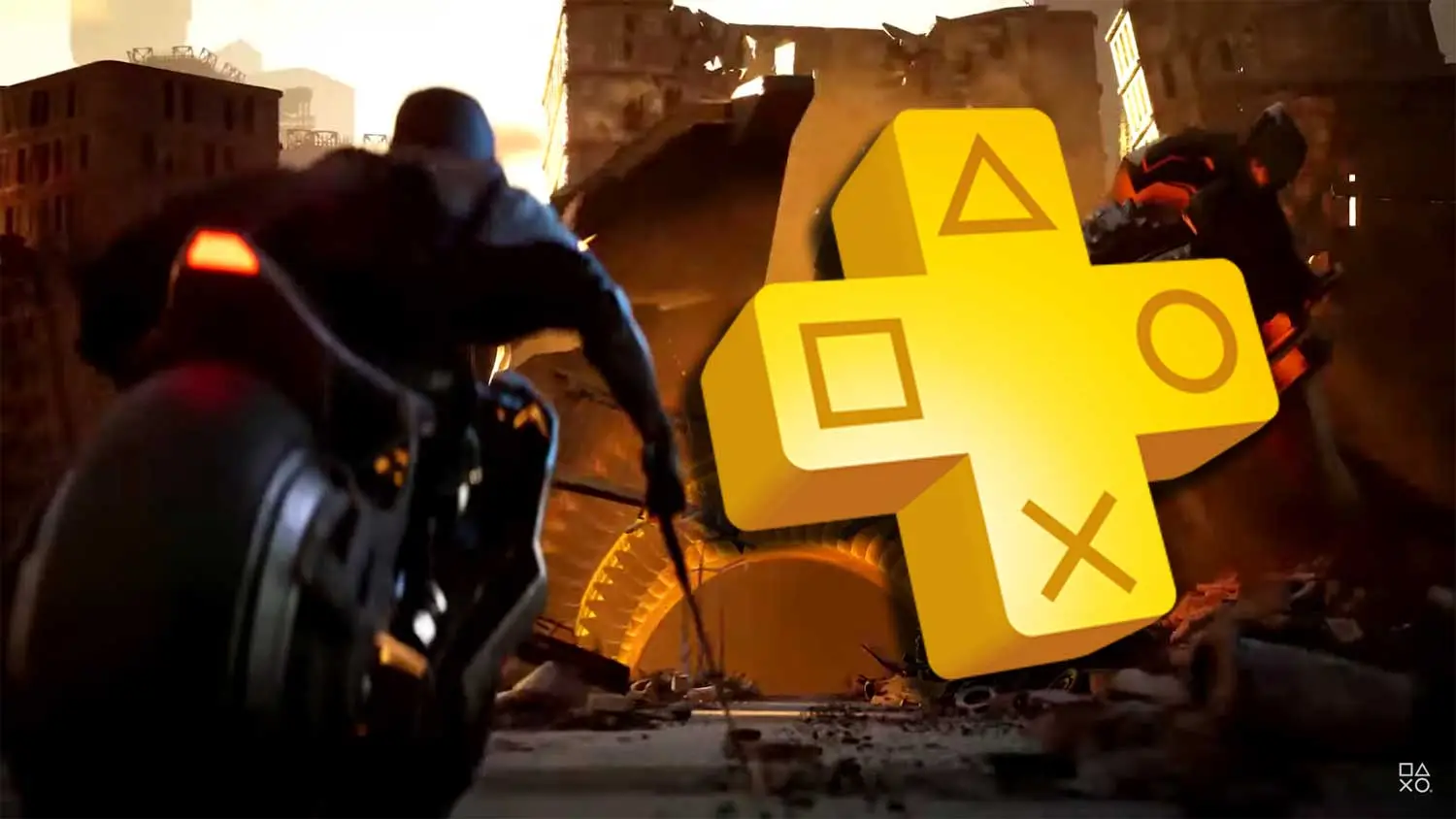 Ghostrunner 2 - postać z gry na motocyklu i logo PS Plus.