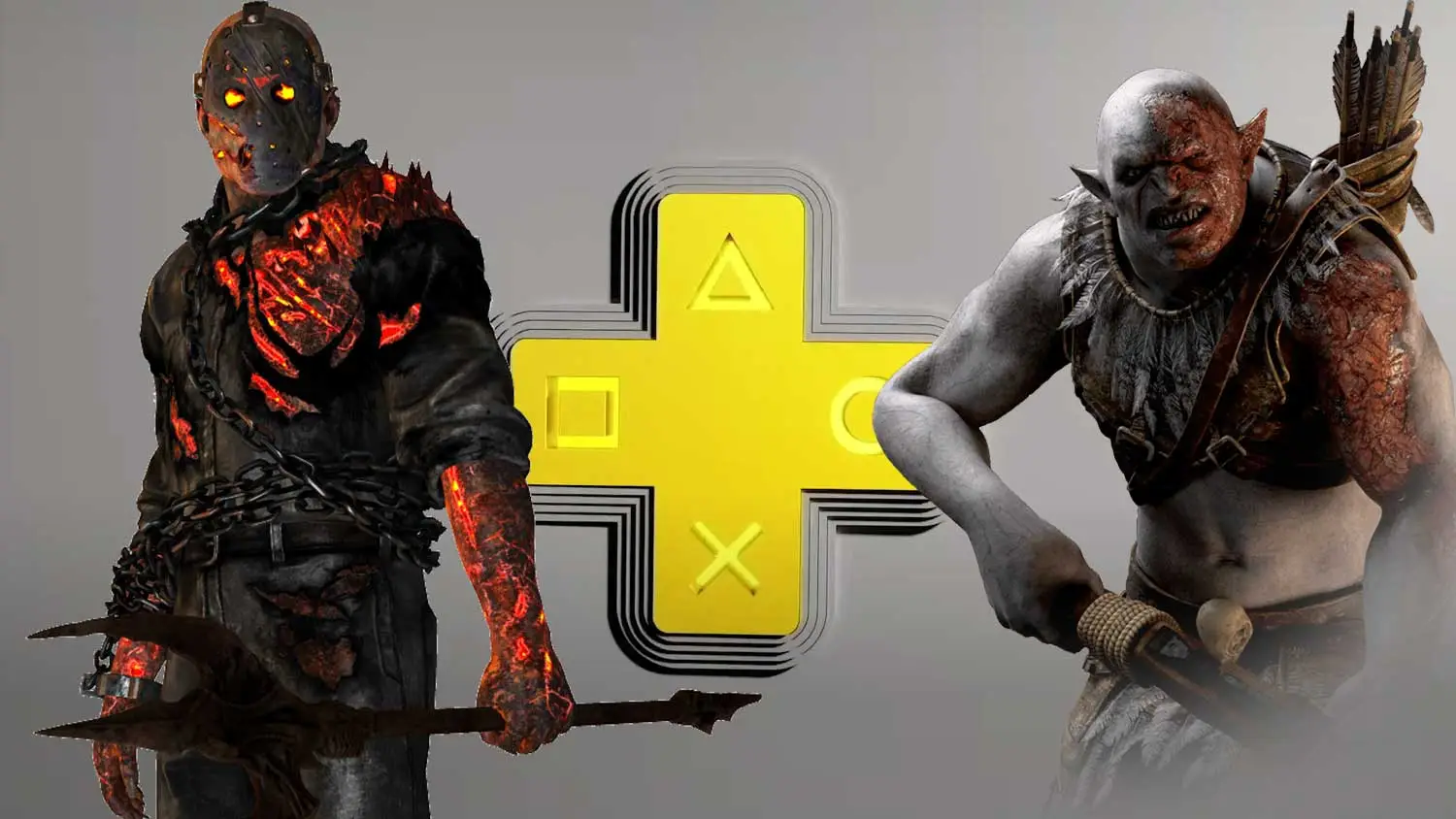 Logo PS Plus oraz postacie z gier Friday the 13th i Shadow of Mordor