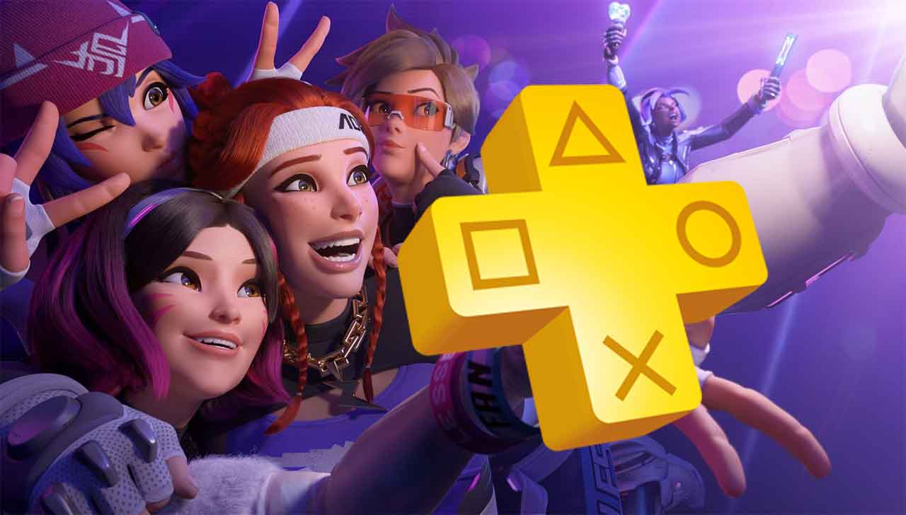 Overwatch 2 - postacie z gry i logo PS Plus.