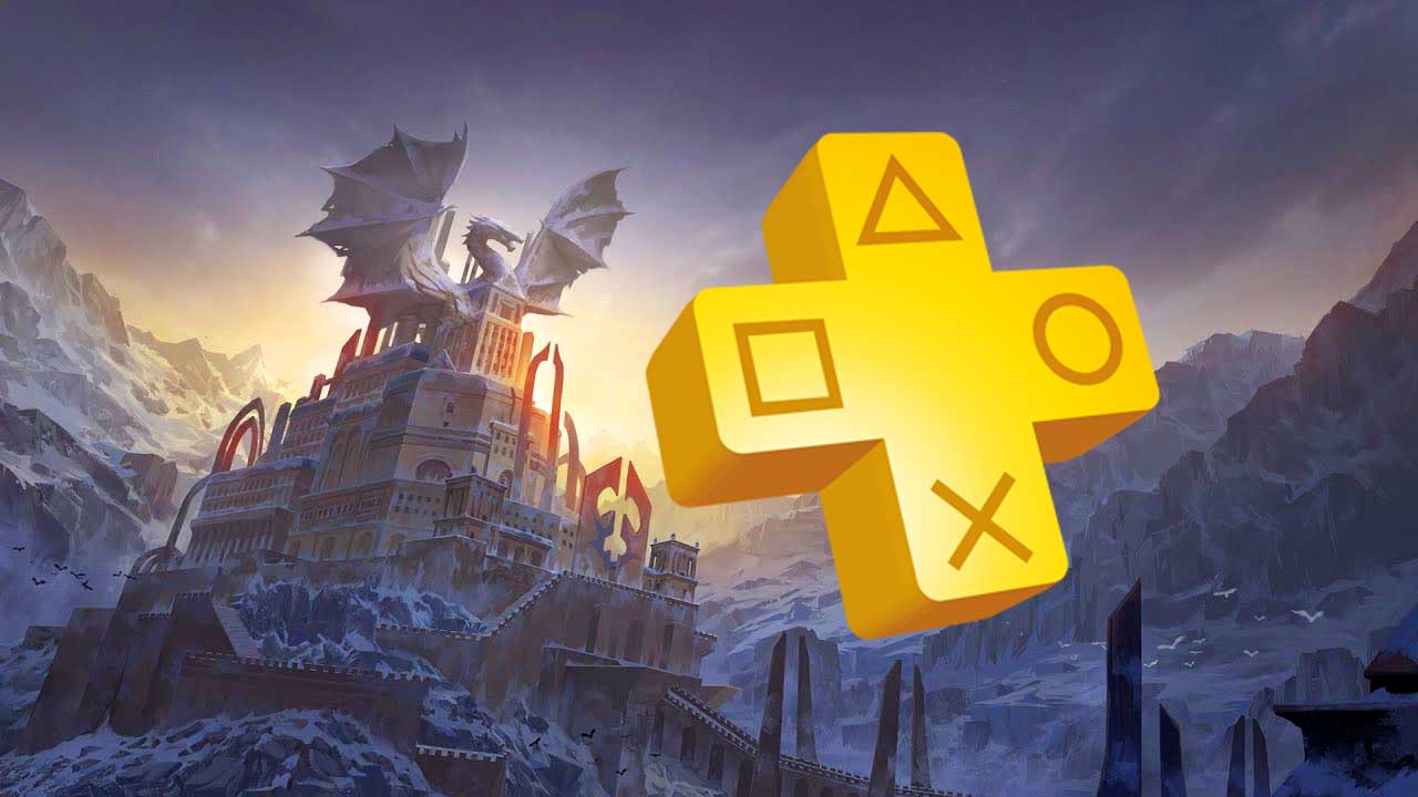 Puzzle Quest 3 - grafika z gry, na której widzimy zimowy krajobraz, zamek i smoka. Obok duże logo PS Plus.
