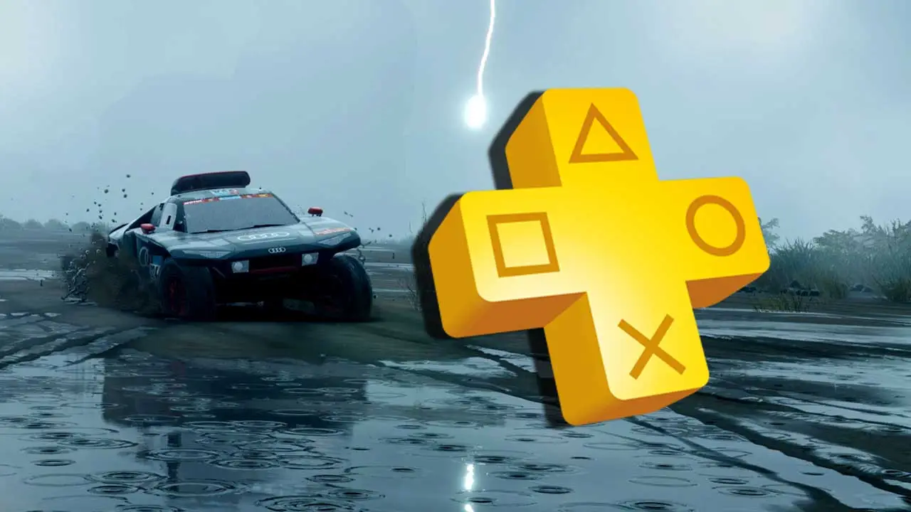 Dakar Desert Rally - screen z gry prezentujący burzową pogodę. Po prawej stronie duże logo PS Plus.