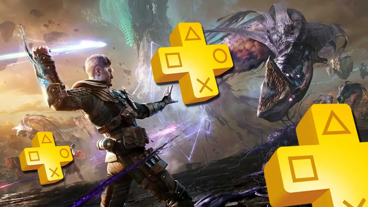 Immortals of Aveum w PS Plus. Grafika z gry i logo usługi Sony.