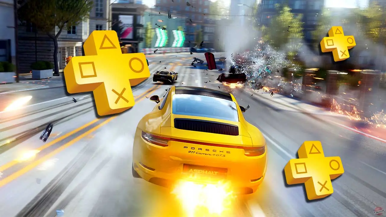 Grafika przedstawia samochód z gry Asphalt Legends i logo PS Plus. Obrazuje news - PS Plus w sierpniu z pierwszymi atrakcjami. 4 gry za darmo zyskały coś „extra”